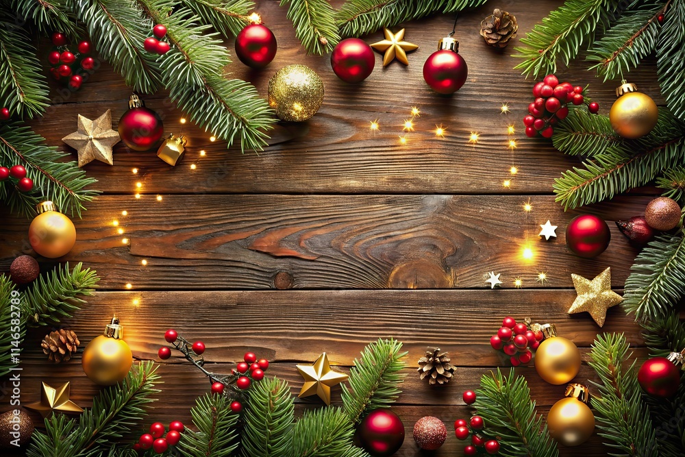 Rustic wooden table with Christmas decor and glowing ornaments, perfect for holiday celebrations Rustic wooden table with Christmas decor and glowing ornaments, perfect for holiday celebrations