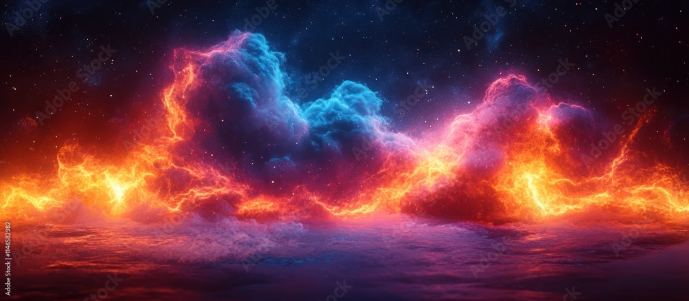 Fiery, blue, and red cosmic cloudscape at night. Fiery, blue, and red cosmic cloudscape at night.