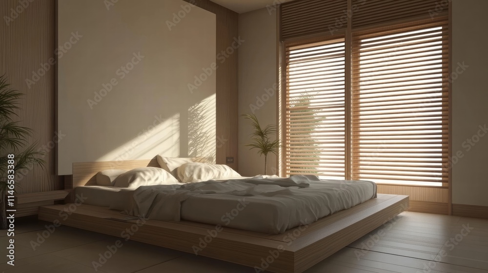 Fototapeta premium serene minimalist bedroom with wooden platform bed and sunlight
