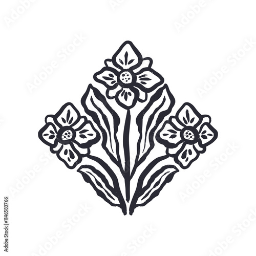 Black and white minimal abstract inky line art flower. Monochrome sketchy textured loose floral symmetric composition. Hand drawn botanical abstraction
