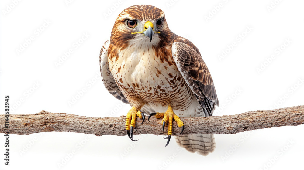 Naklejka premium Red-tailed hawk perched on a branch, isolated on white.