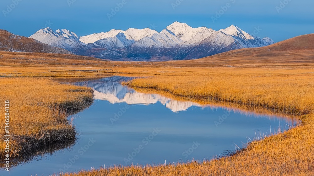 Naklejka premium A calm winding river reflects snow-capped mountains in a golden autumn steppe landscape.