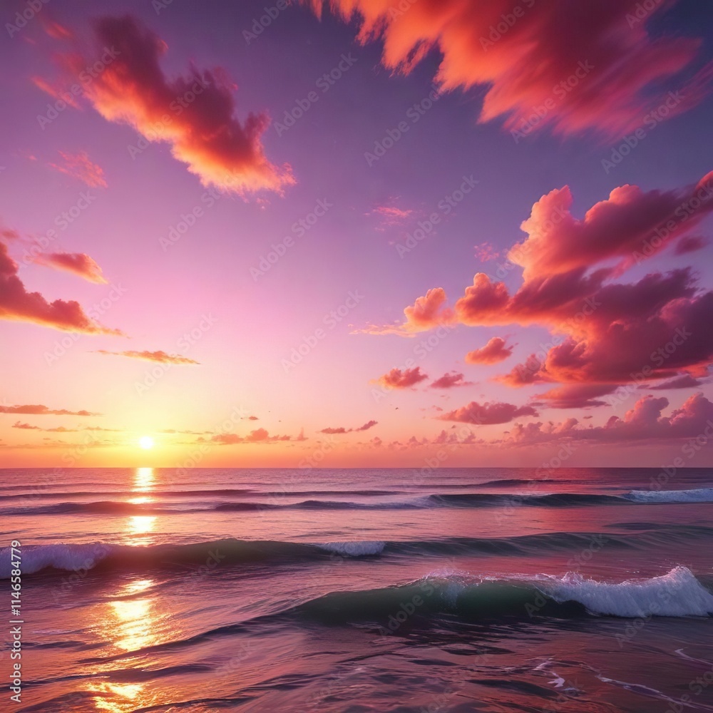 Fototapeta premium Vibrant hues of orange and pink dance across the sky above a serene ocean, abstract defocused colorful sunset above the sea, ocean horizon