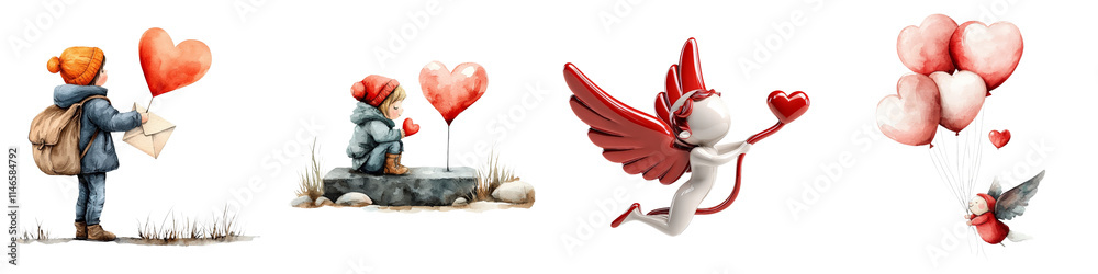 Cupid and Valentines concept. Children interacting with hearts in a whimsical, playful illustration. on Transparent background. Cupid and Valentines concept. Children interacting with hearts in a whimsical, playful illustration. on Transparent background.