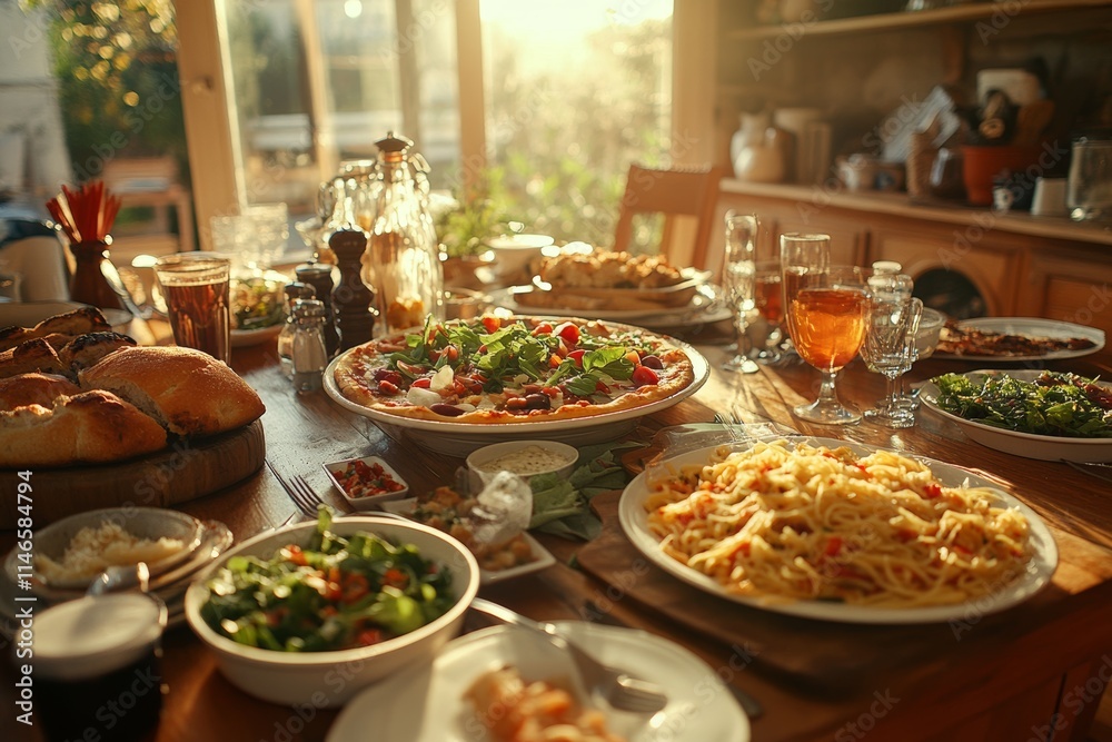 A beautifully arranged dining table filled with various dishes and drinks, ready for a meal. A beautifully arranged dining table filled with various dishes and drinks, ready for a meal.