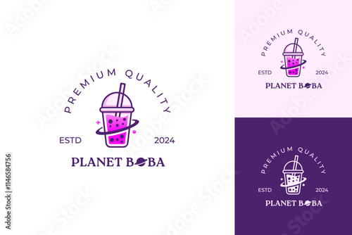 Bubble tea milk boba logo. planet boba fresh drink logo design vector