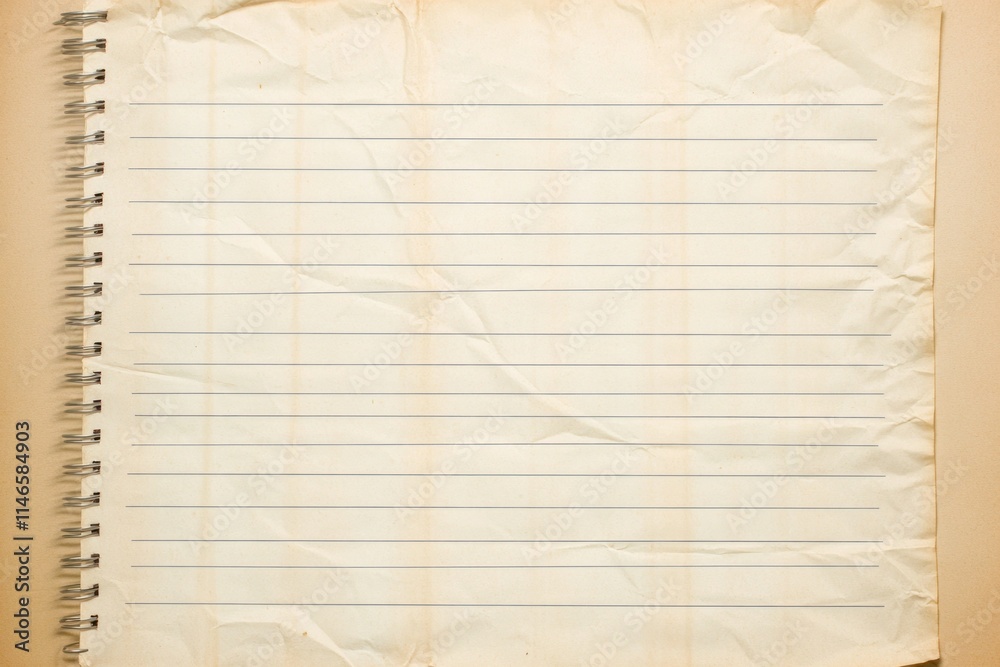 Obraz premium Empty spiral notebook page with creased paper texture, showcasing blank lines for handwritten notes, academic work, or creative writing tasks in a vintage style.