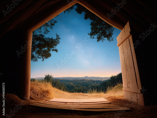 View from a rustic shelter at dusk, with a starry sky