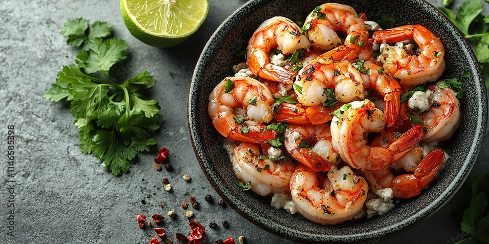Grilled shrimps or prawns served with lime, garlic and white sauce on a dark concrete background. Seafood. Top view with copy space. Flat lay Grilled shrimps or prawns served with lime, garlic and white sauce on a dark concrete background. Seafood. Top view with copy space. Flat lay