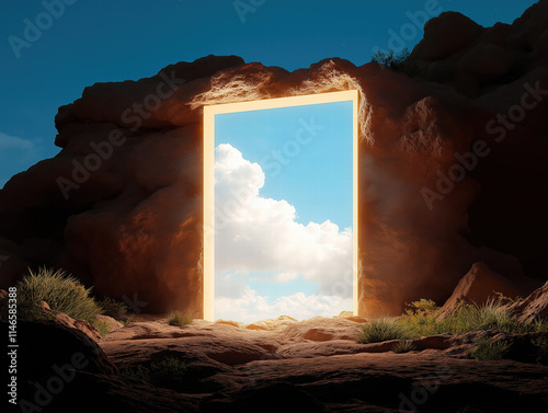 Glowing Portal in Rocky Landscape with Blue Sky and Clouds