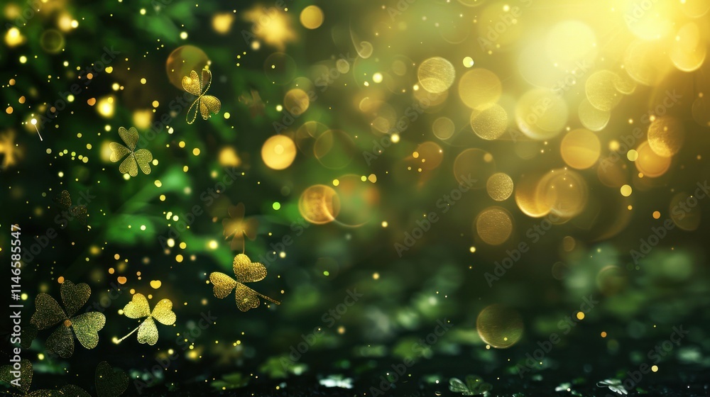 Obraz premium Magical St. Patrick's Day Background: Golden Shamrocks and Sparkling Lights