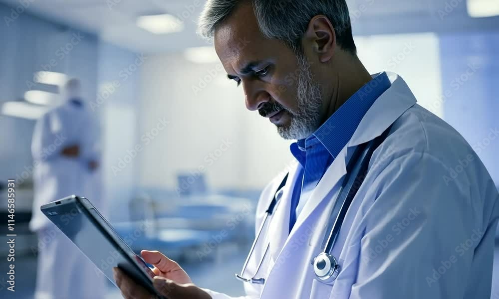 A man in a lab coat examines data on a tablet in a modern medical environment.