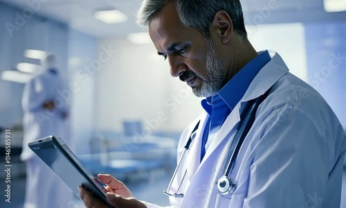 A man in a lab coat examines data on a tablet in a modern medical environment.