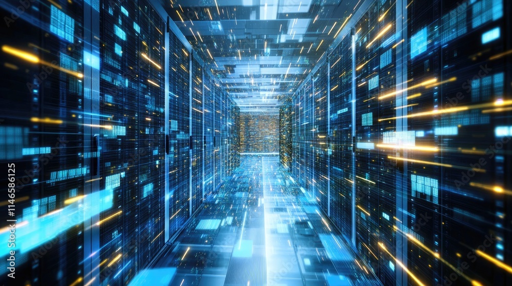 Abstract digital data center with glowing blue and yellow lights, representing high-speed computer traffic in a virtual reality space. Technology background concept for a big rig, server room, cloud Abstract digital data center with glowing blue and yellow lights, representing high-speed computer traffic in a virtual reality space. Technology background concept for a big rig, server room, cloud