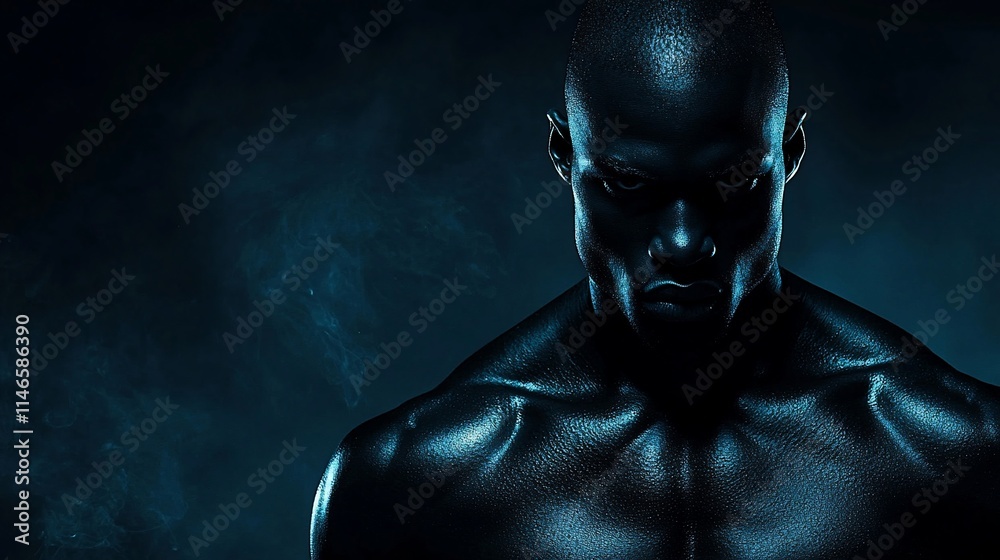 Intense portrait of a muscular man, dark background. Intense portrait of a muscular man, dark background.