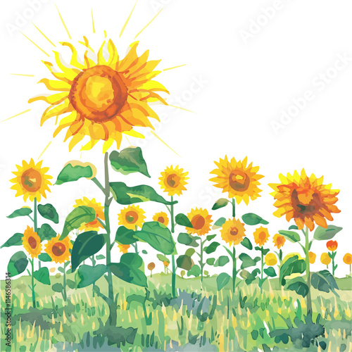 A watercolor vector of a vibrant sunflower field under the sun, isolated on a white background. Vibrant sunflower field sun vector.
