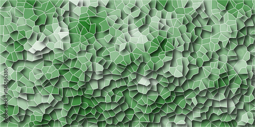 3D Mosaic Art with Organic Green Tones. Abstract Tiles broken glass Texture with Green Shades. Abstract Geometric Background with Shades. Modern Cracked Tile Mosaic Artwork. Mosaic Design Wallpaper.