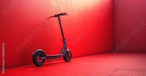 Electric Scooter Product Image with Copy Space and a Solid Red Background, Generative Ai. photo