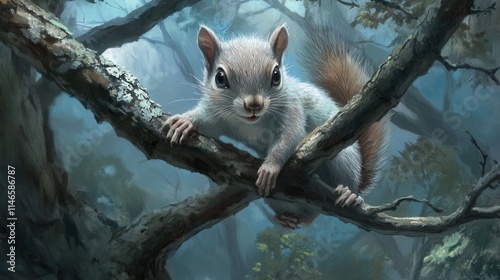 a squirrel clinging to a branch thatâ€™s bending dangerously low, looking surprised but determined to hold on. 