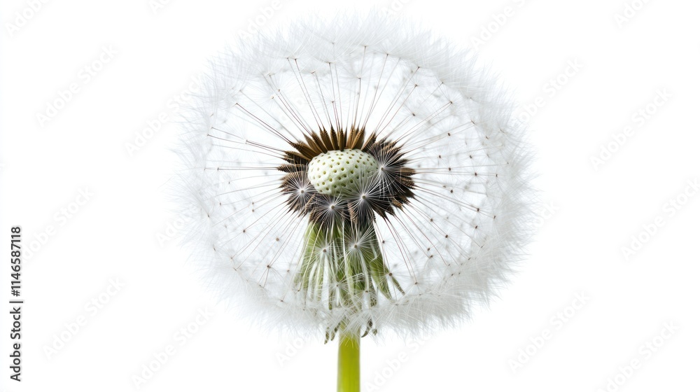 Close-up of a dandelion seed head against a white background, showing delicate details and texture. Close-up of a dandelion seed head against a white background, showing delicate details and texture.