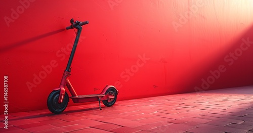 Electric Scooter Product Image with Copy Space and a Solid Red Background, Generative Ai. photo