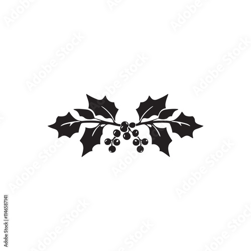 Flat Black Silhouette Christmas Holly Icon