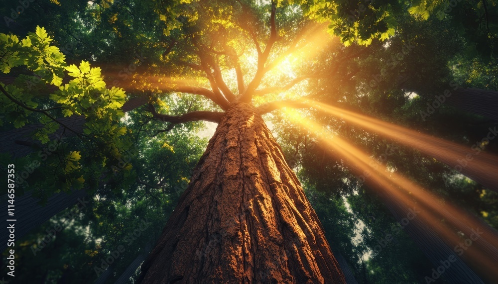 Obraz premium Immerse yourself in the breathtaking beauty of nature with this awe-inspiring image of towering redwood trees, their colossal trunks reaching towards the heavens Sunrays stream through the canopy