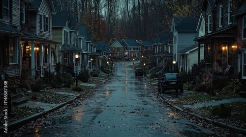 Rainy autumn evening in a quiet suburban street.
