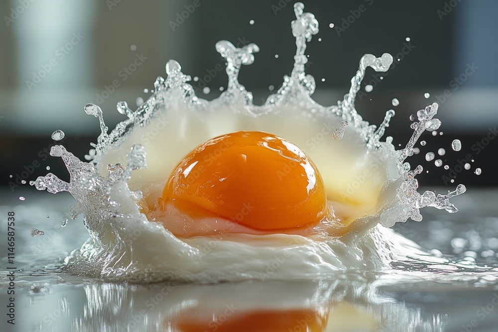 A close-up of an egg yolk splashing in water, showcasing motion and texture. A close-up of an egg yolk splashing in water, showcasing motion and texture.