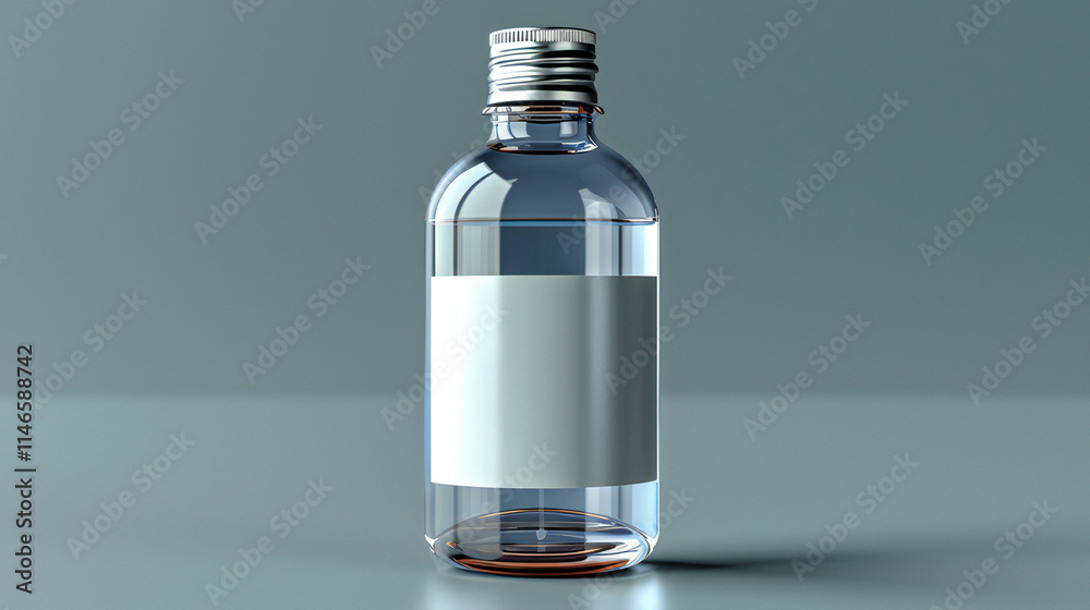 Glass Bottle Mockup: A crystal clear glass bottle with a silver lid and a blank white label, ready for your design, against a soft gray background. Glass Bottle Mockup: A crystal clear glass bottle with a silver lid and a blank white label, ready for your design, against a soft gray background.