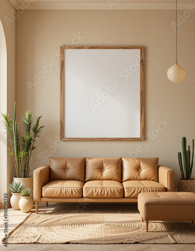 Create an empty frame poster mockup in various living room settings, featuring different wall colors like deep blues, warm neutrals, or vibrant hues, with diverse frame styles such as sleek black.