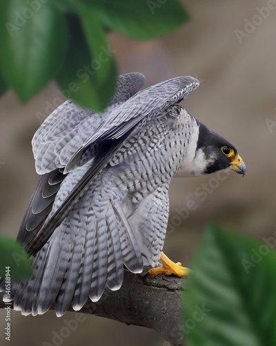 A close-up portrait of a peregrine falcon with striking gray and black feathers. Its sharp. The bird of prey is perched firmly on a branch, ready to take off. 