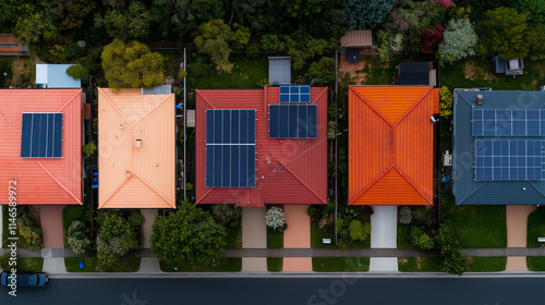 Bird’s-eye view of a suburban property with solar panels on the roof, displaying eco-conscious living amidst landscaped surroundings and neighboring homes