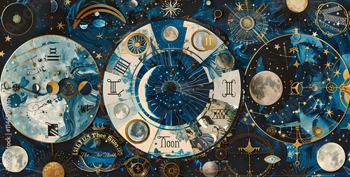 collage of celestial and zodiac symbols, with golden accents and blue hues, a mysterious cosmic backdrop filled with stars and planets