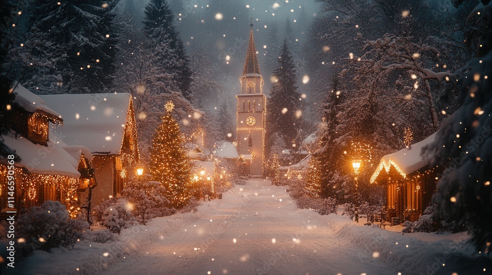 A serene winter village scene with snow, twinkling lights, and a church tower, evoking a cozy holiday atmosphere.