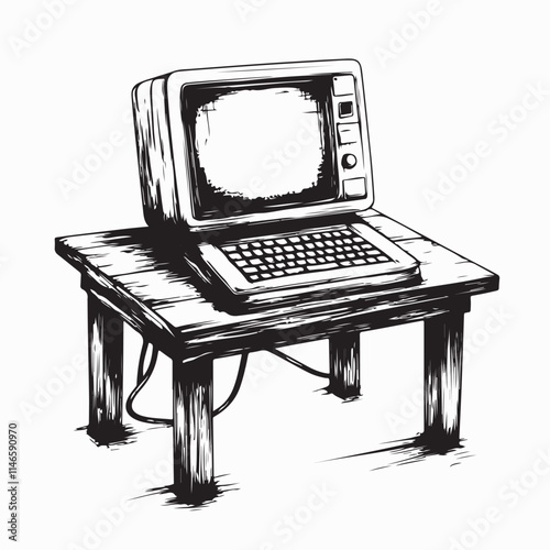 Vintage Old Computer Sitting on a Rustic Wooden Desk Vector Illustration for Retro Tech Artwork