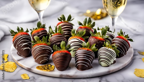 Chocolate-Covered Strawberries with Gold Leaf and Champagne – Elegant Valentine’s Dessert Photography photo