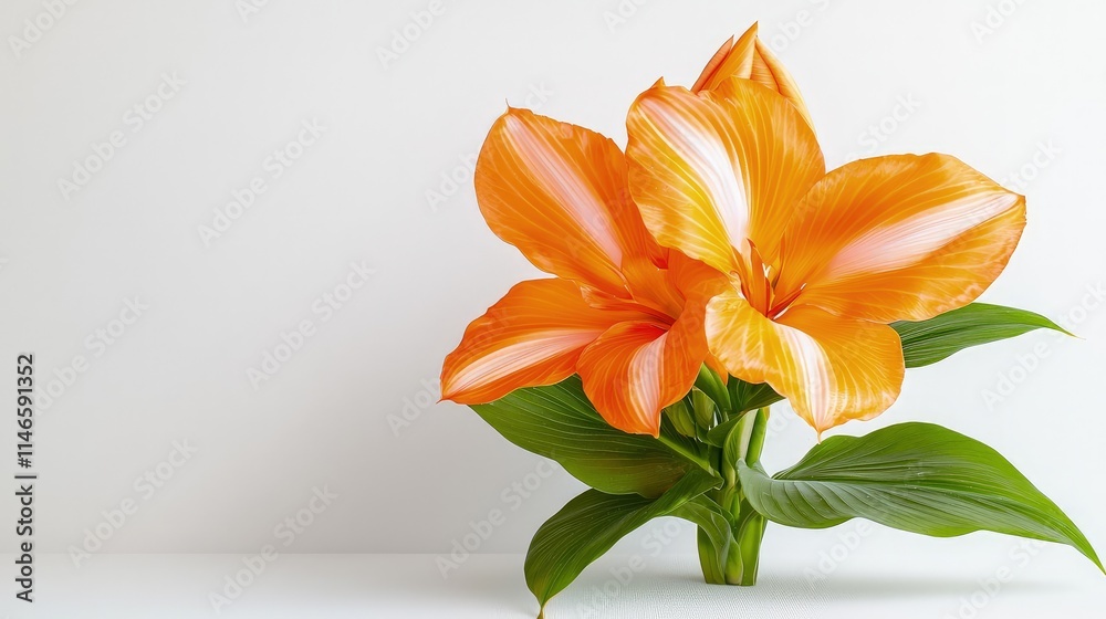 Obraz premium Vibrant orange canna lily flowers with fresh green leaves standing against a clean white background.