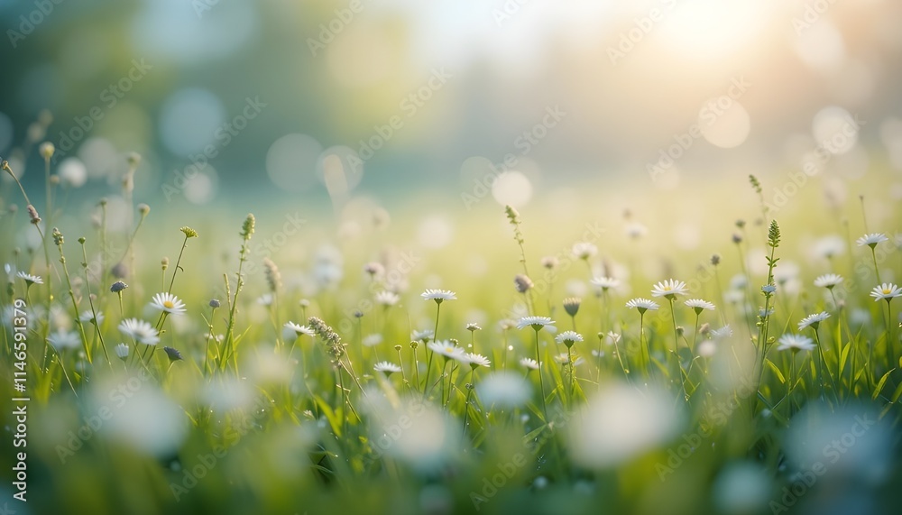 Beautiful sunny spring meadow with green grass and blue sky. Abstract background with light bokeh and space for text. Beautiful sunny spring meadow with green grass and blue sky. Abstract background with light bokeh and space for text.