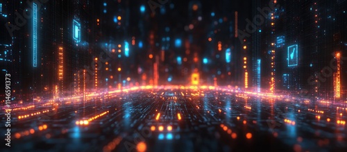 Futuristic digital cityscape with glowing lines and particles.