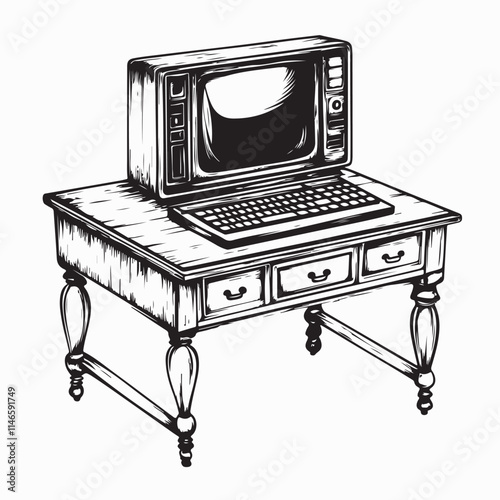 Old and Obsolete Computer on Old Office Table vector Illustration on white background.