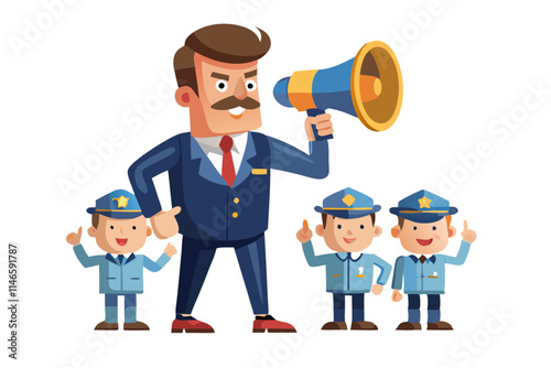 Boss commanding officers into a megaphone vector image, Isolated on white background.
