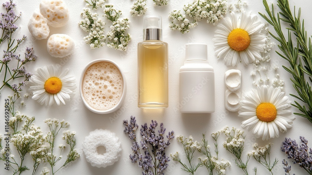 A flat lay of skincare products surrounded by flowers and herbs, emphasizing natural beauty. A flat lay of skincare products surrounded by flowers and herbs, emphasizing natural beauty.