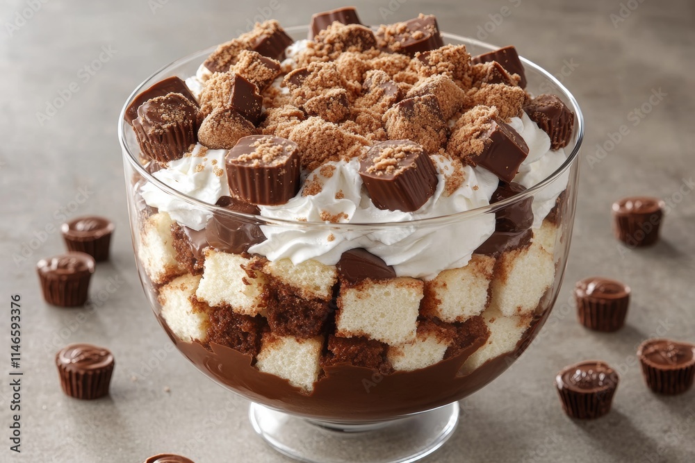 A delicious dessert trifle featuring layers of cake, chocolate pudding, whipped cream, and candy.