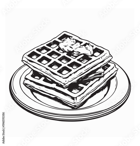 Waffle Vector Images. Delicious Belgian Waffle Served on a Plate Vector Illustration for Culinary Art and Design.