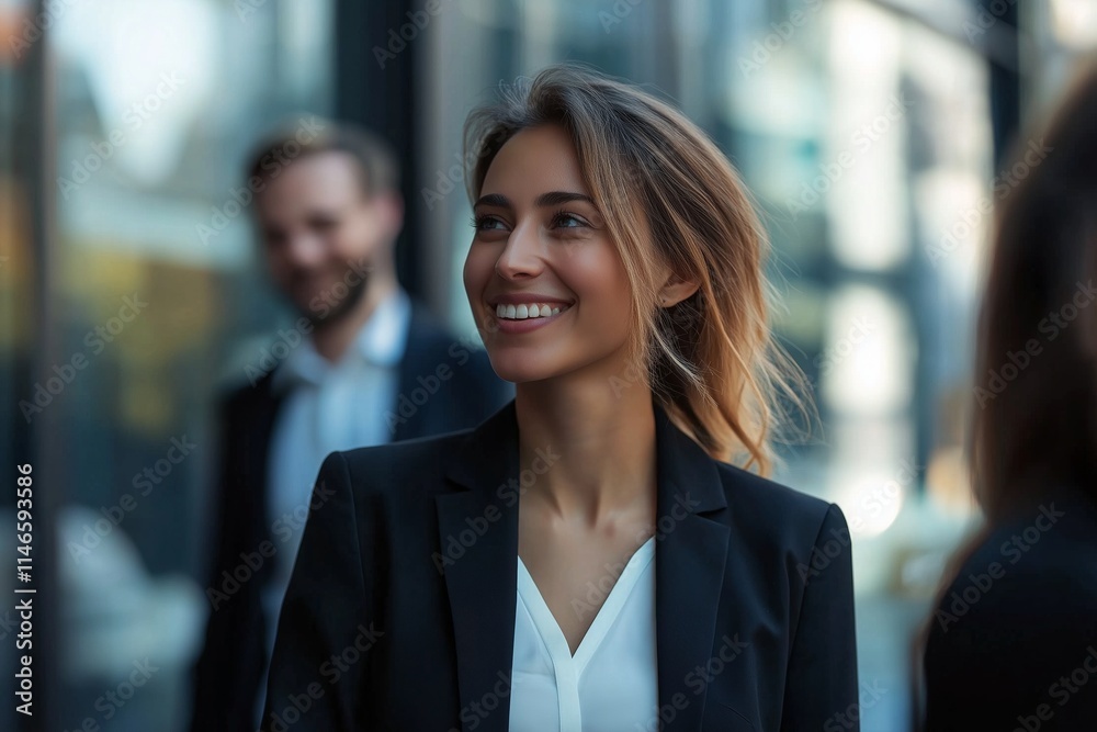 A confident businesswoman smiling while walking in a contemporary urban environment, radiating positivity. A confident businesswoman smiling while walking in a contemporary urban environment, radiating positivity.