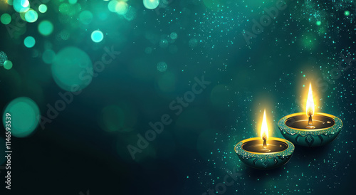 Elegant diya lamps illuminate a dark teal backdrop, creating a serene ambiance. The soft glow of candles enhances the festive mood, perfect for nighttime celebrations. photo