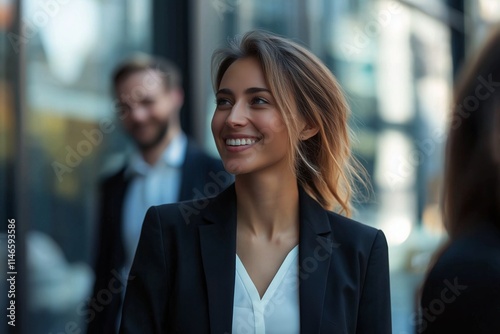 A confident businesswoman smiling while walking in a contemporary urban environment, radiating positivity.