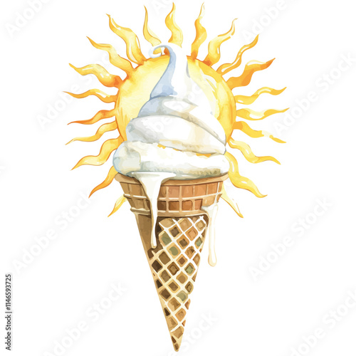 A watercolor vector of an ice cream cone melting in the sun, isolated on a white background. Ice cream cone melting sun vector.
