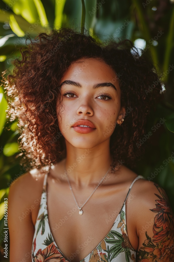 A beautiful young woman radiates confidence and tranquility amidst lush greenery, showcasing her natural charm. A beautiful young woman radiates confidence and tranquility amidst lush greenery, showcasing her natural charm.